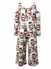 Snowman Print Cold Shoulder Jumpsuit