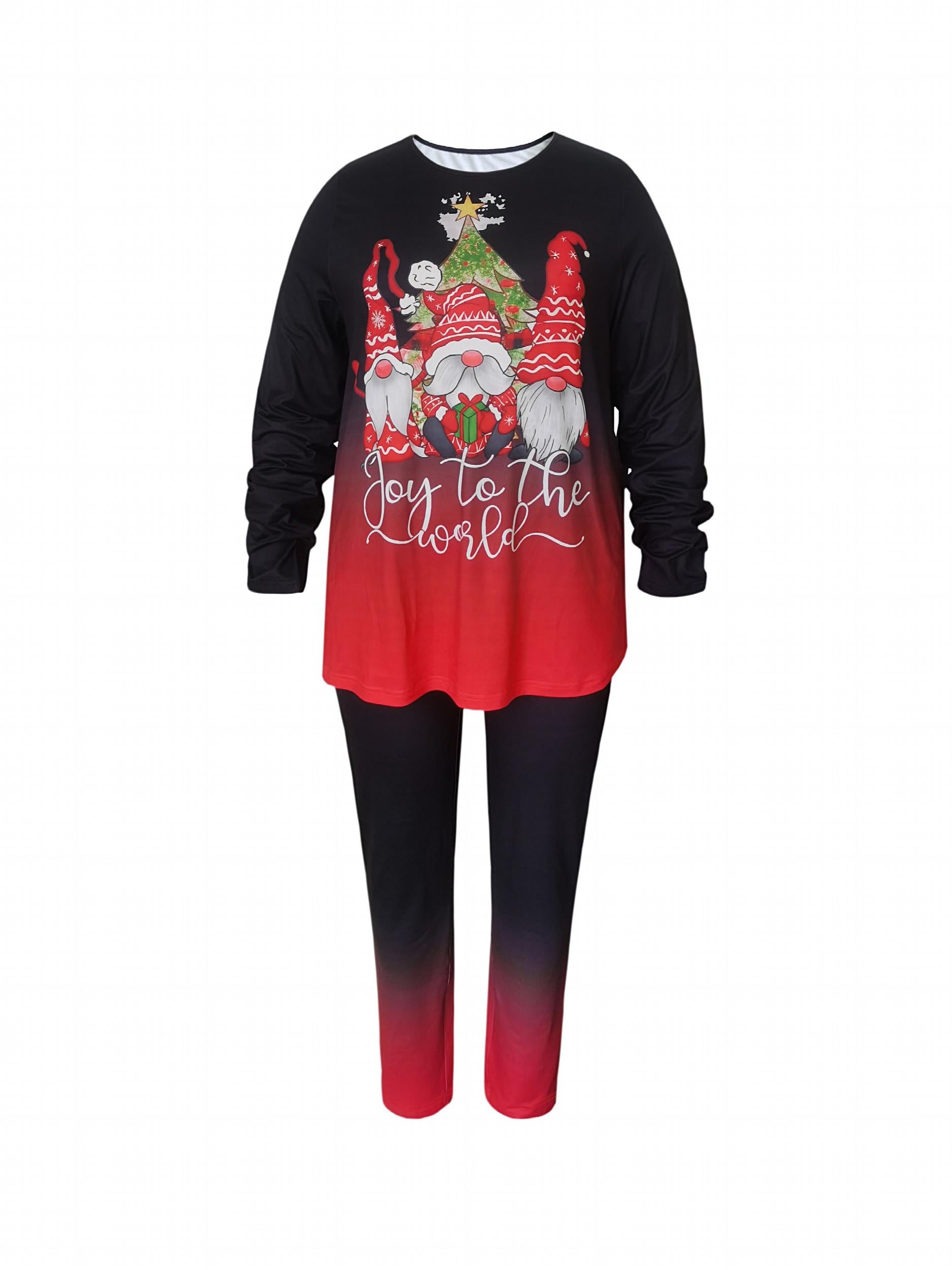 Women's Plus Ombre & Gnomes Print Peplum Top & Leggings Outfit Set