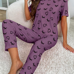 Heart Print Pajama Set Short Sleeve Crew Neck Top & Elastic Waistband Pants