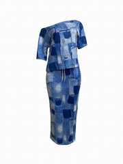 Patchwork Casual Set Off Shoulder Tee & Split Drawstring