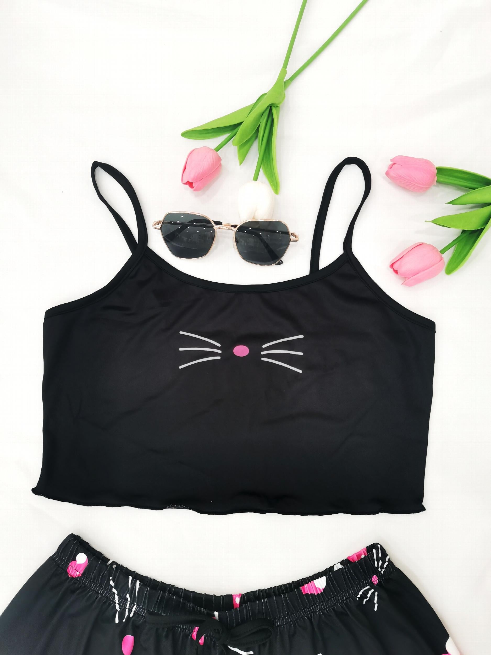 Cat Print Pajama Set Cami Top & Shorts