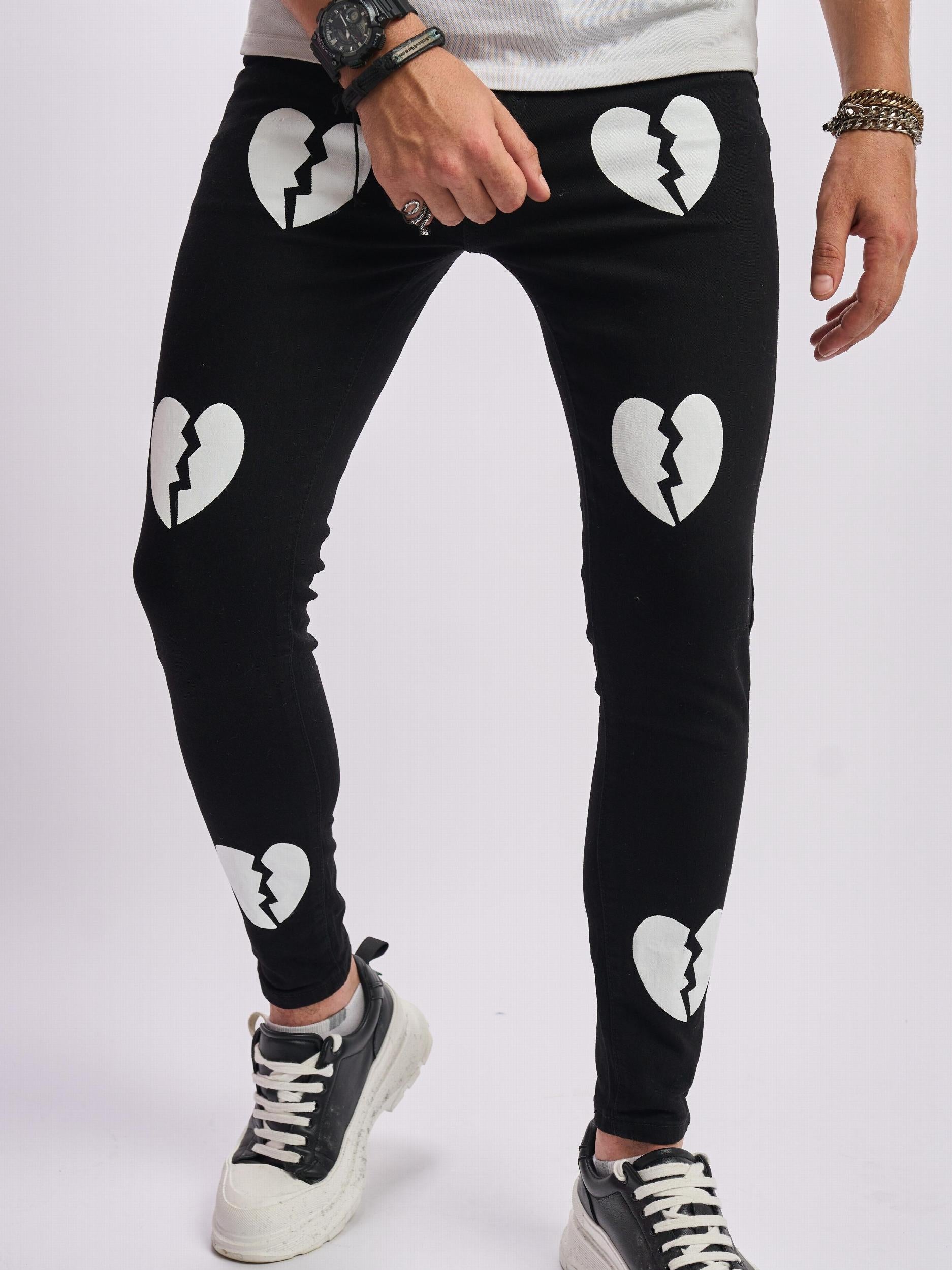 Broken Heart Pattern Slim Fit Jeans Men's Casual Street Style Denim Pants