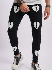 Broken Heart Pattern Slim Fit Jeans Men's Casual Street Style Denim Pants