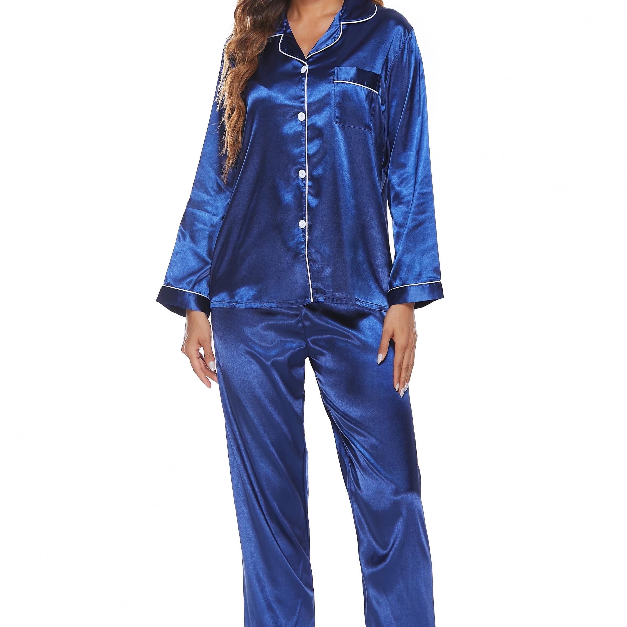 Satin Pajama Set Long Sleeve Button Up Top & Elastic Waistband Pants