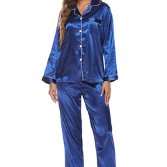 Satin Pajama Set Long Sleeve Button Up Top & Elastic Waistband Pants