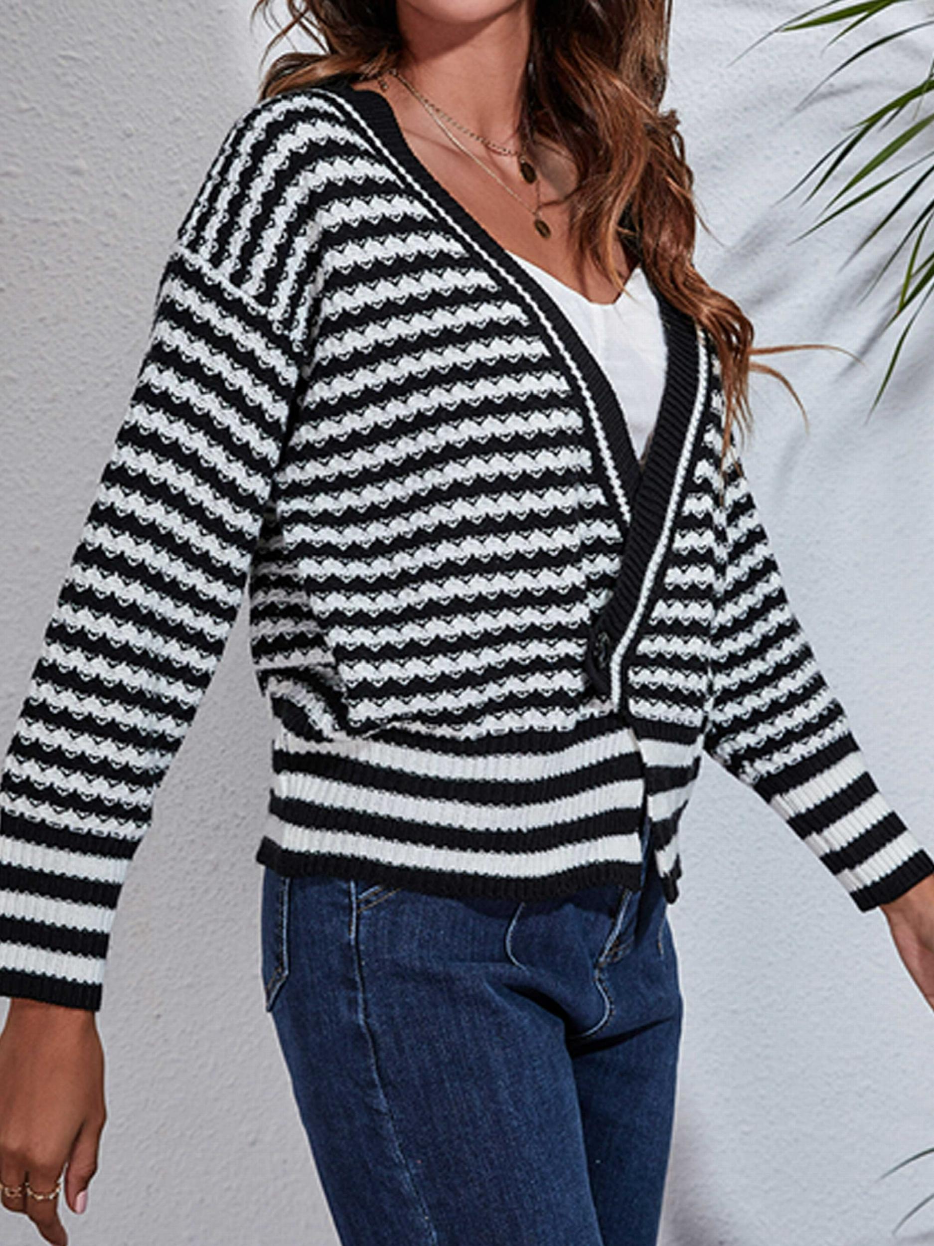 Striped V Neck Long Sleeve Knit Cardigan