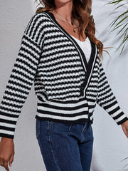 Striped V Neck Long Sleeve Knit Cardigan