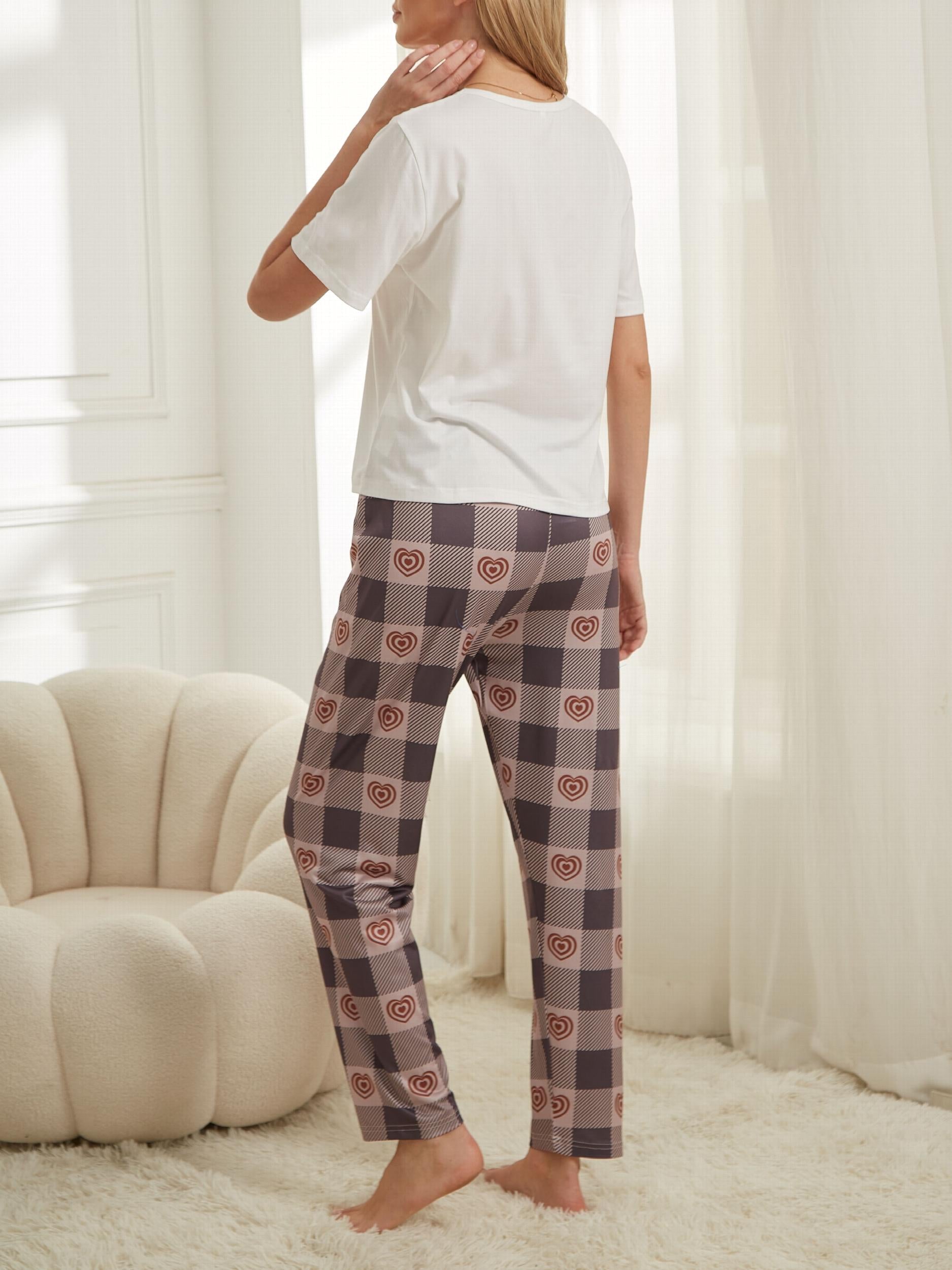 Heart Print Pajama Set Top & Plaid Pants Sleepwear Loungewear