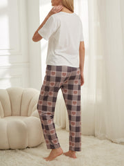 Heart Print Pajama Set Top & Plaid Pants Sleepwear Loungewear