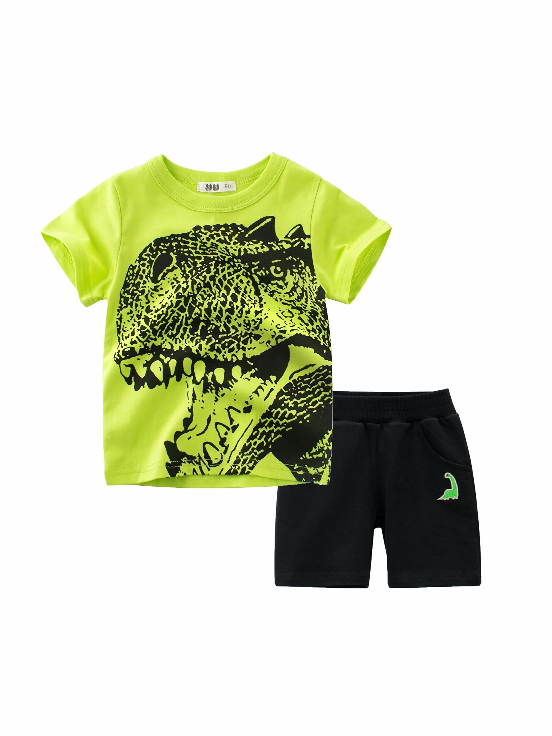 Dino Pattern Green Cotton T-shirt & Shorts Set For Boys Summer
