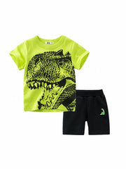 Dino Pattern Green Cotton T-shirt & Shorts Set For Boys Summer
