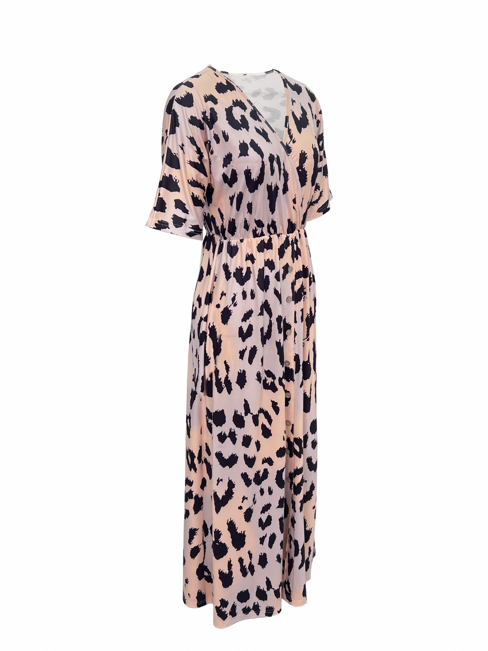 Leopard Print Maxi Dress Elastic Waist Short Sleeve Dress Women's Clothing