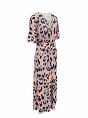 Leopard Print Maxi Dress Elastic Waist Short Sleeve Dress Women's Clothing
