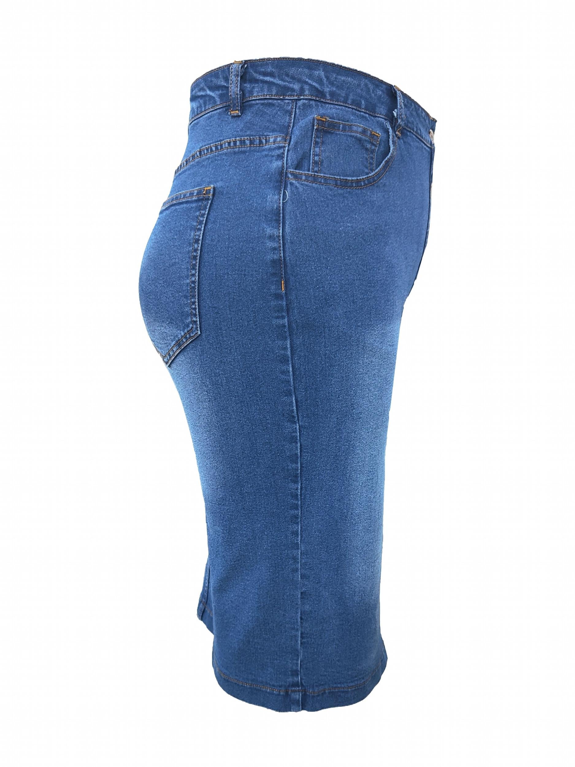 Plus Size Washed Button Up Medium Stretch Slim Fit Denim Skirt