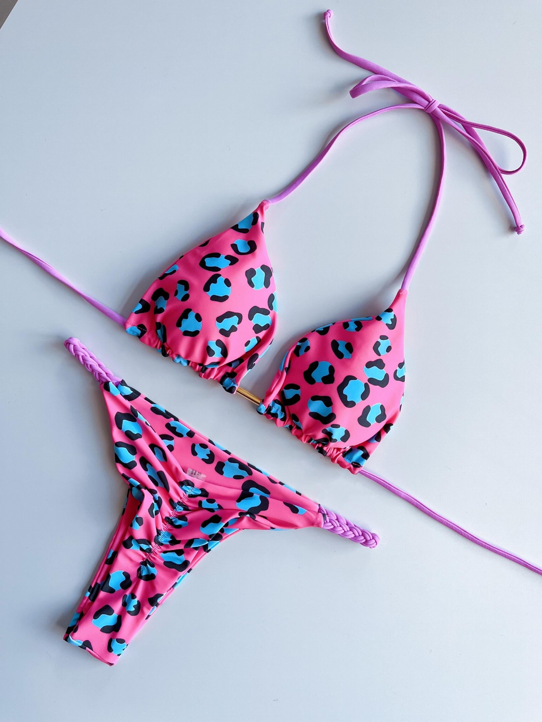 Tropical Print Bikini Set Halter V Neck High Cut Thong 2 Piece Swimwear