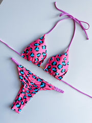 Tropical Print Bikini Set Halter V Neck High Cut Thong 2 Piece Swimwear
