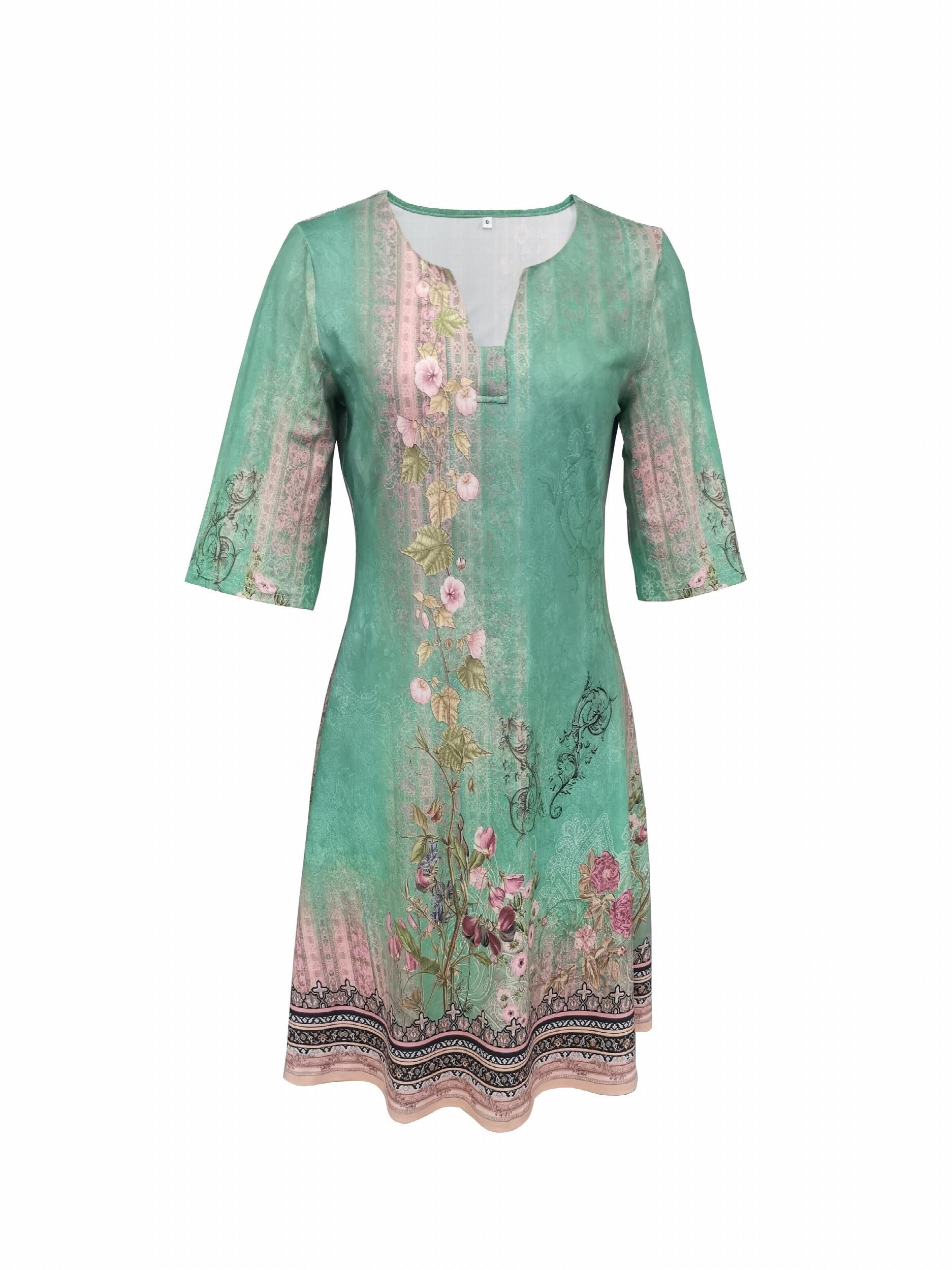 Vintage Floral Print Dress with Notched Neck
