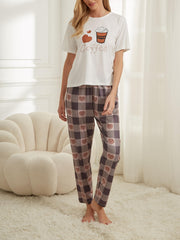 Heart Print Pajama Set Top & Plaid Pants Sleepwear Loungewear