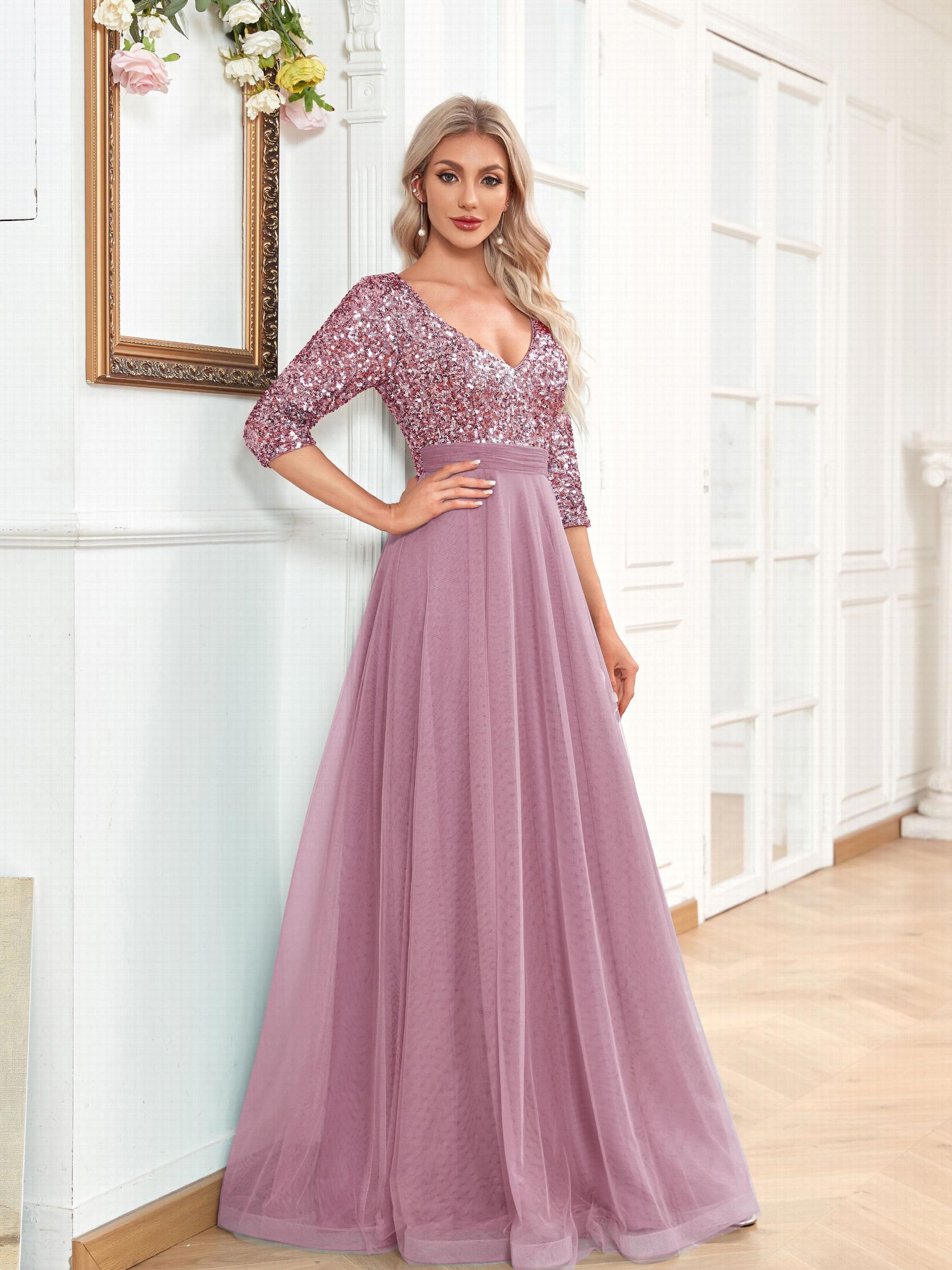 V Neck Sequin Long Dress Chiffon Sleeve Waist Evening Gown