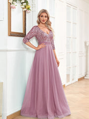 V Neck Sequin Long Dress Chiffon Sleeve Waist Evening Gown