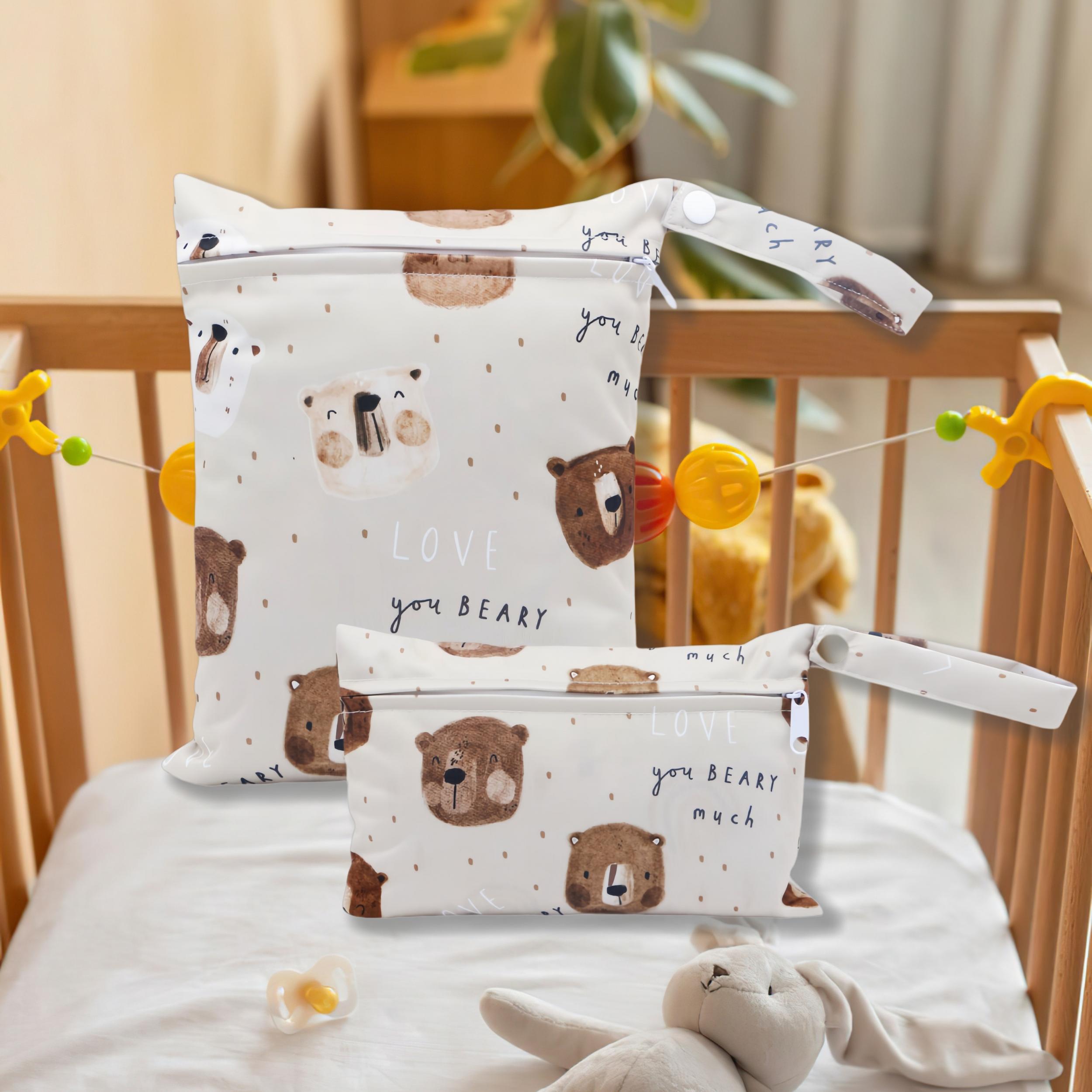 2pcs Bear Prints Cloth Diaper Bag Set with Zipper Pocket for Travel Storage
