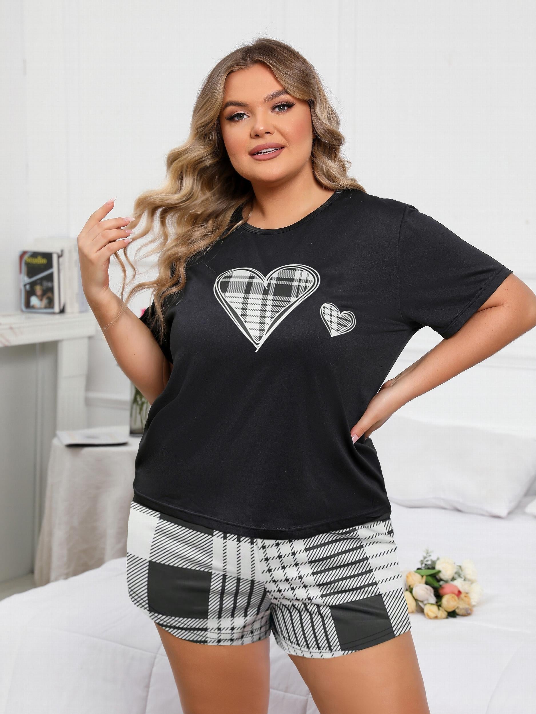 Plaid Heart Print Tee & Shorts Lounge Set