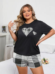 Plaid Heart Print Tee & Shorts Lounge Set