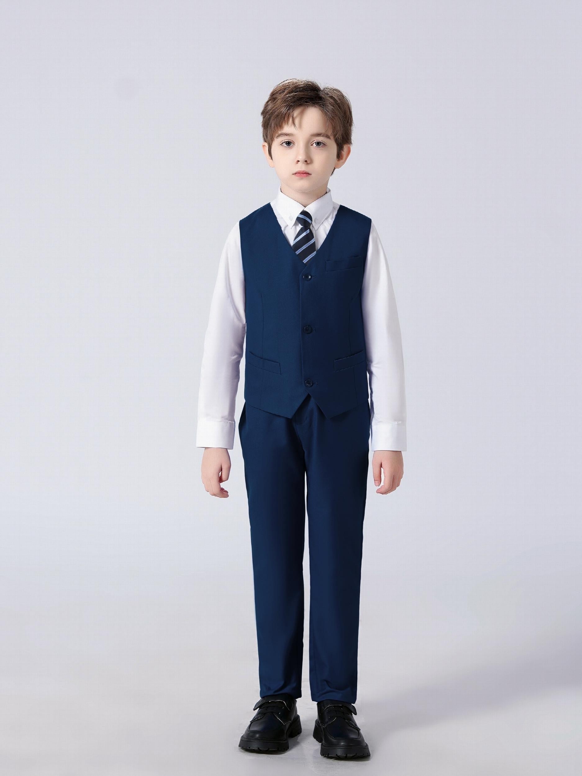 4pcs Boys Slim Fit Gentleman Outfit Set Long Sleeve Shirt&Pants&Vest&Tie