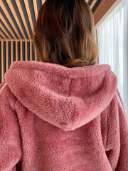 Heart Print Fuzzy Lounge Set Zipper Hooded Top & Elastic Waistband