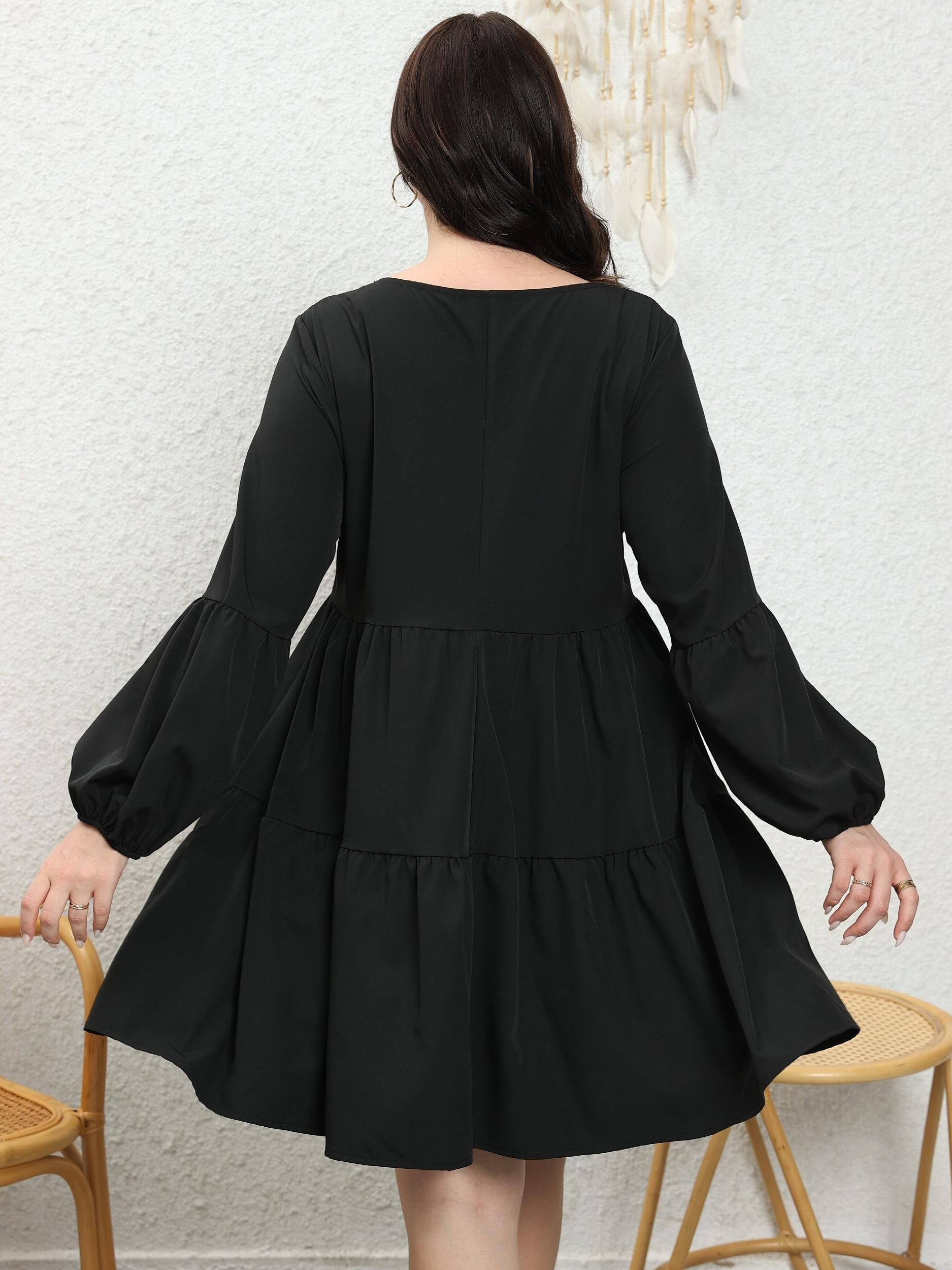 V Neck Mini Smock Dress Lantern Sleeve