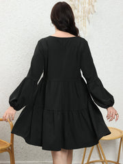 V Neck Mini Smock Dress Lantern Sleeve