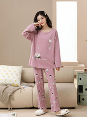 Bunny Print Pajama Set Crew Neck Long Sleeve Top & Pants Women's Sleepwear
