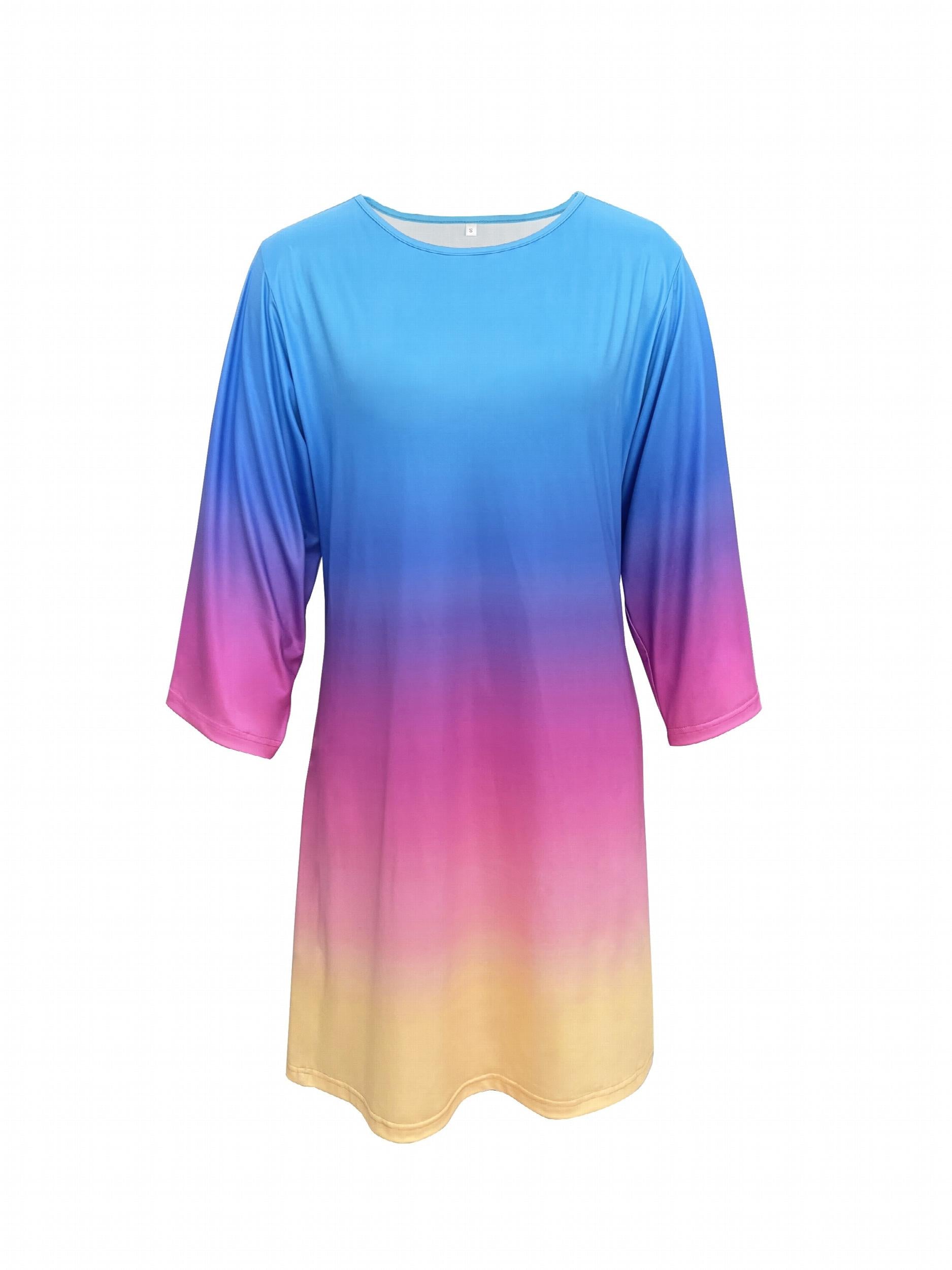 Gradient Casual Crew Neck 3/4 Sleeve Dress