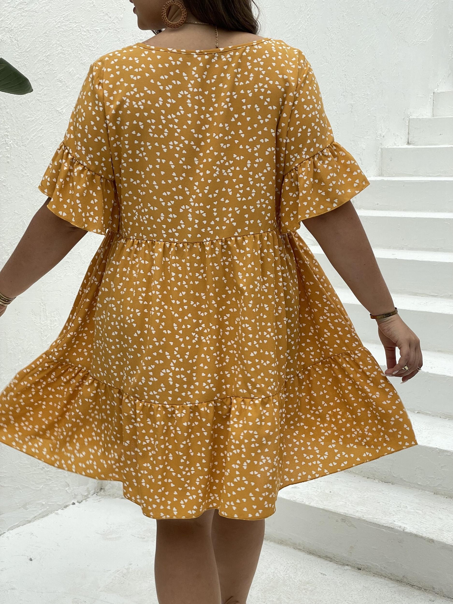 Heart Print Bell Sleeve V Neck Smock Dress