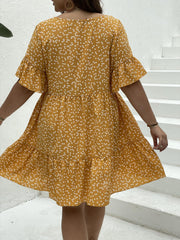 Heart Print Bell Sleeve V Neck Smock Dress