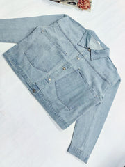 Casual Denim Top Women's Plus Solid Button Up Long Sleeve