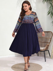 Colorblock Tribal Print Long Sleeve V Neck Maxi Dress
