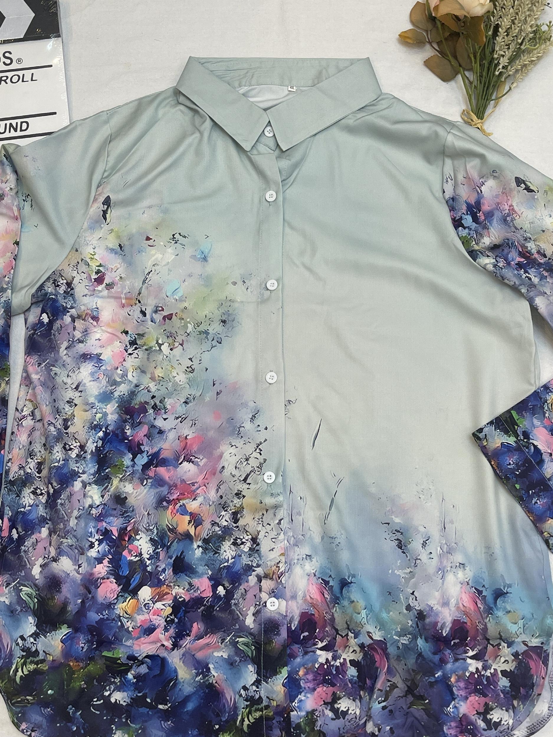 Women's Plus Floral Print Button Up Blouse