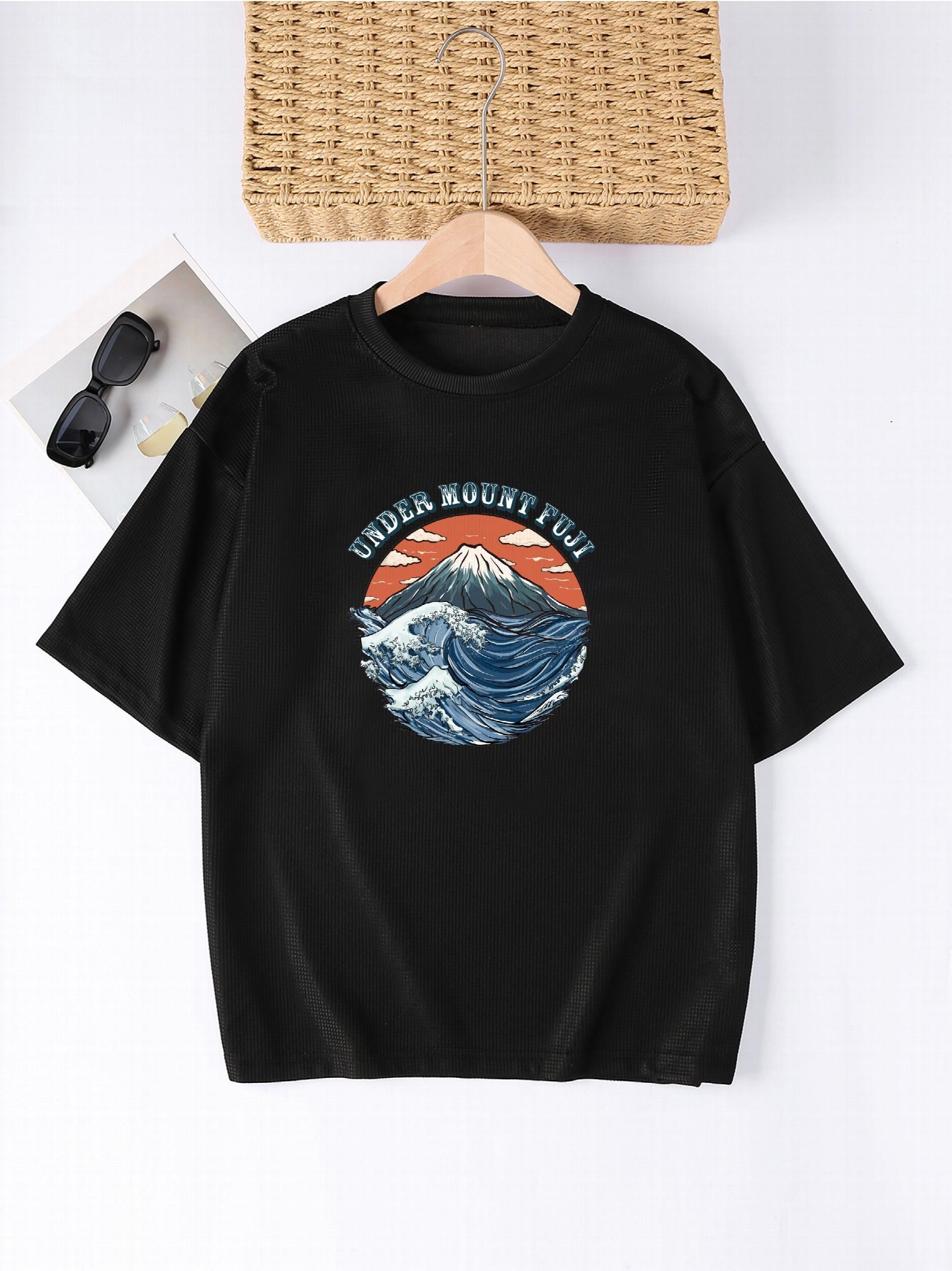 Mountain Print Waffle Sports T shirt Short Sleeve Crew Neck Top W