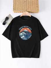 Mountain Print Waffle Sports T shirt Short Sleeve Crew Neck Top W