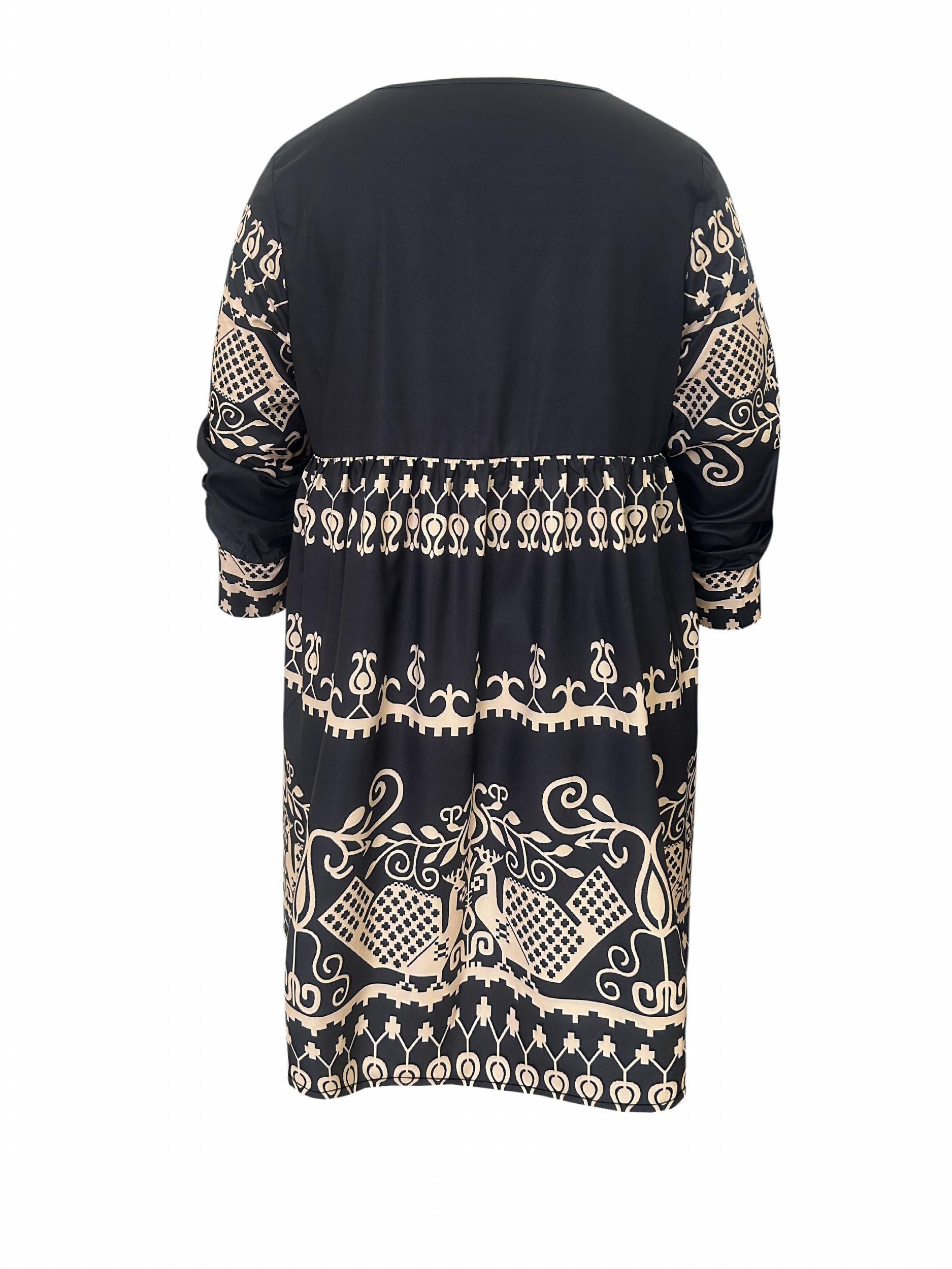 Boho Dress Women's Plus Tribal Print Long Sleeve Deep V Neck Mini
