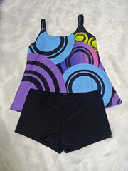 Retro Tankini Set Women's Plus Geo Print Round Neck Cami Top & Shorts
