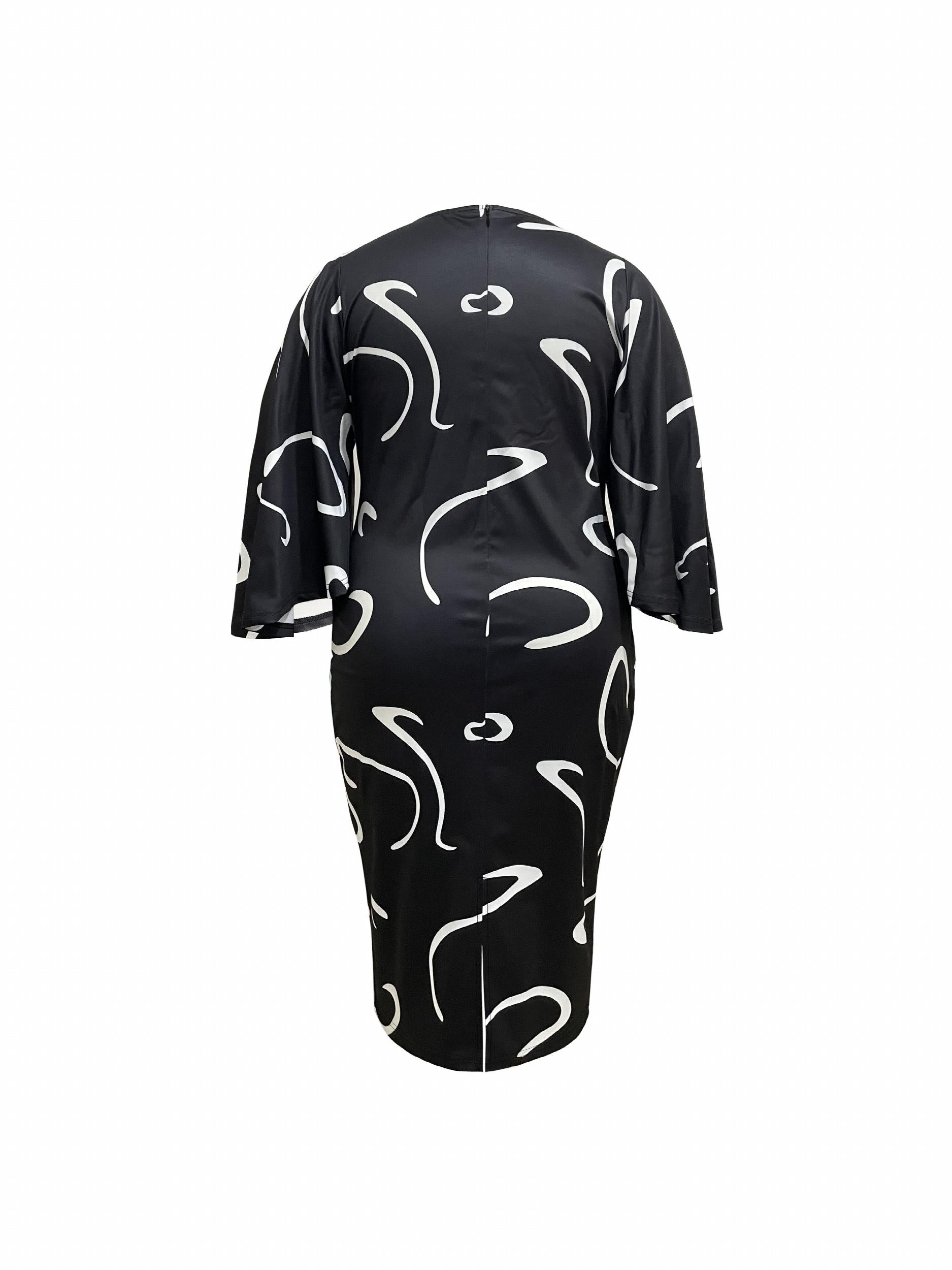 Graffiti Print Bell Sleeve Round Neck Dress
