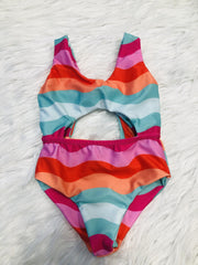 Girls Stripe Print One Piece Swimsuit Sleeveless Tankini