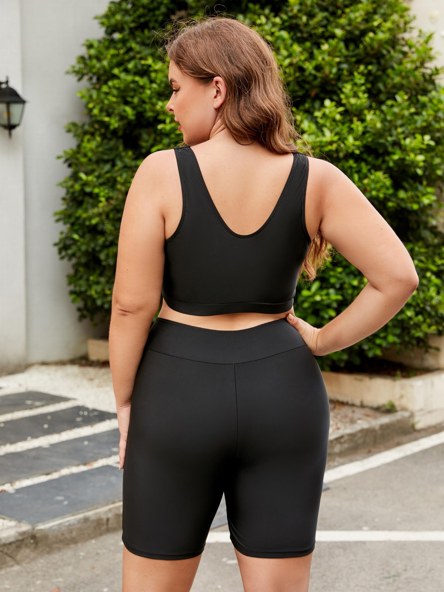 Women's Plus Modest Tankini Set Solid Round Neck Crop Tank Top & Wide Bottoms