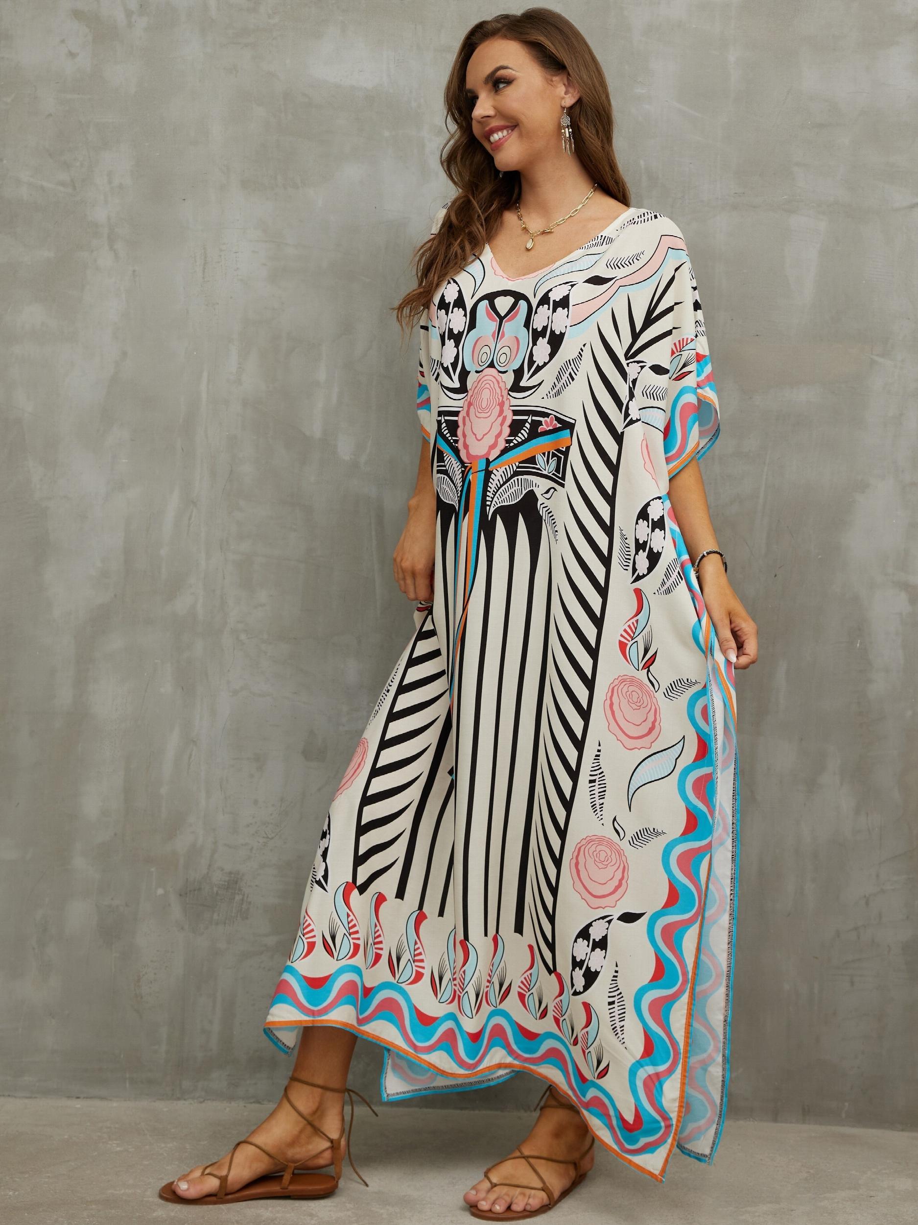 Boho Cover Up Dress Women's Plus Floral Print Bat Sleeve V Neck