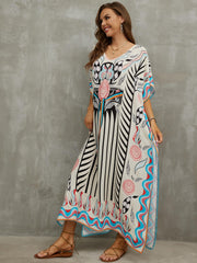 Boho Cover Up Dress Women's Plus Floral Print Bat Sleeve V Neck