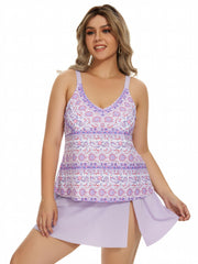 Paisley Print Tankini Set - V Neck Cami Top & Mini Skirt Swimsuit