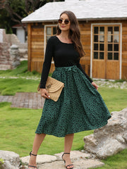 Casual Daily 2pc Set Crew Neck Long Sleeve Tops & Dalmatian Print Skirts
