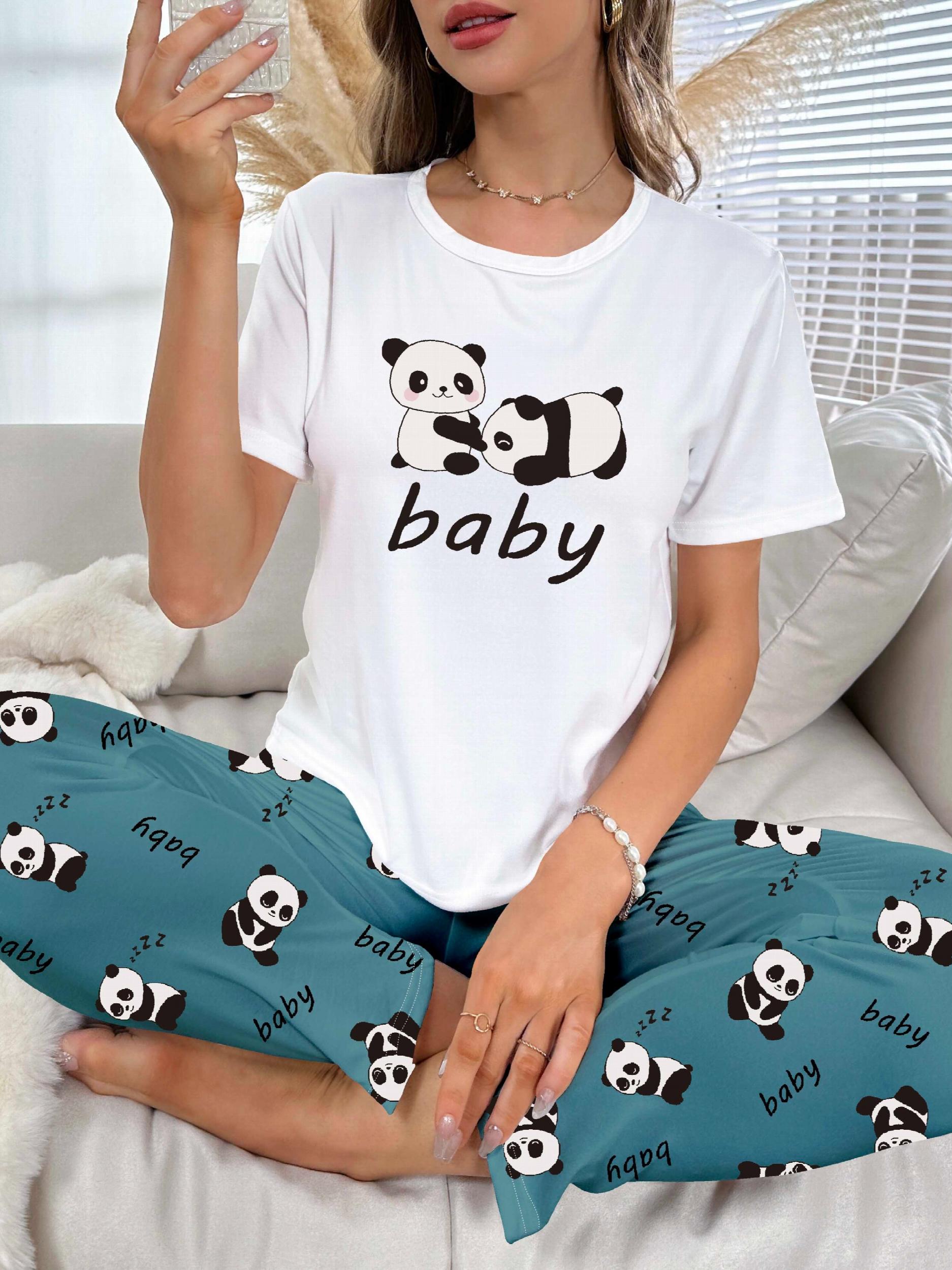 Panda Print Pajama Set Short Sleeve Top & Pants